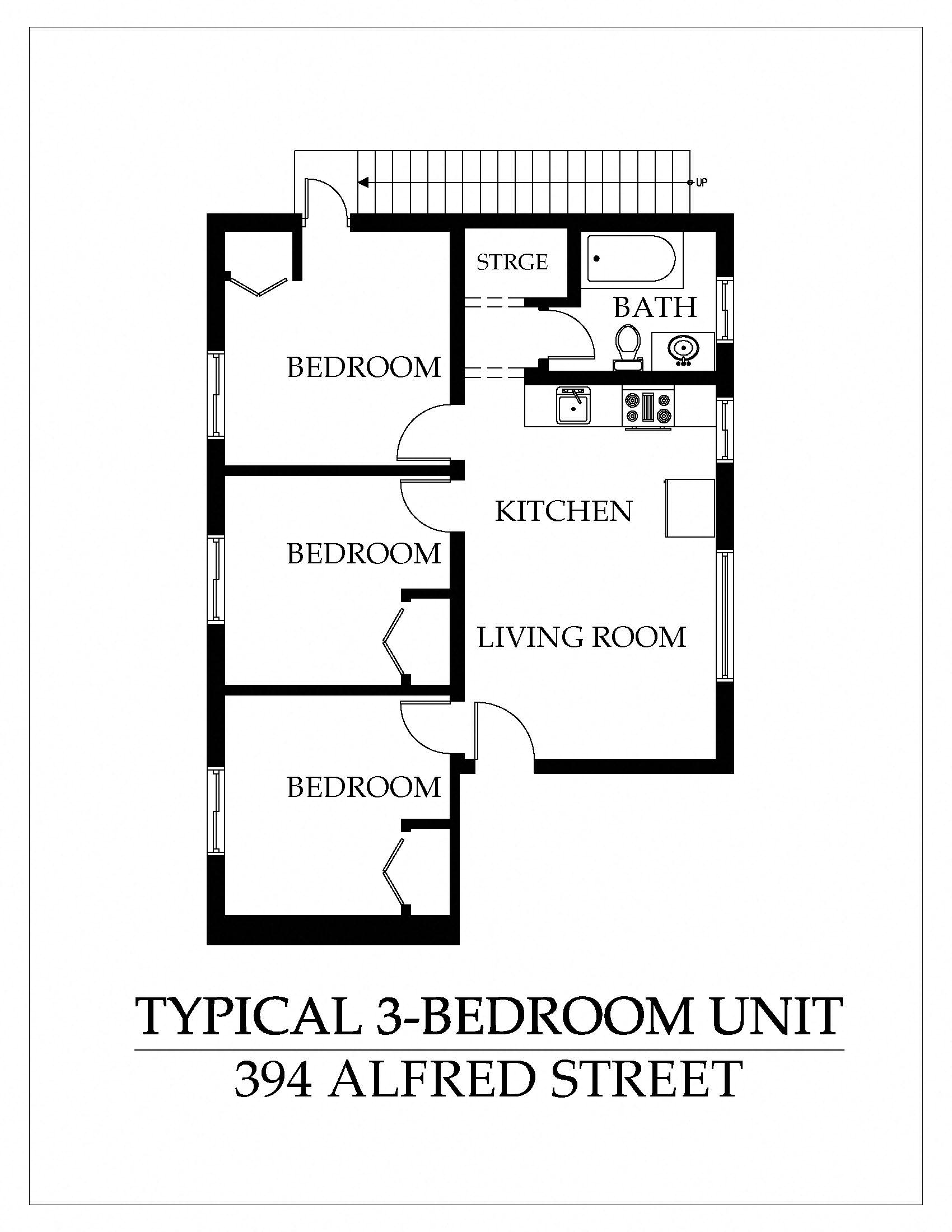 Floor plan for 3 beds, 1 bath